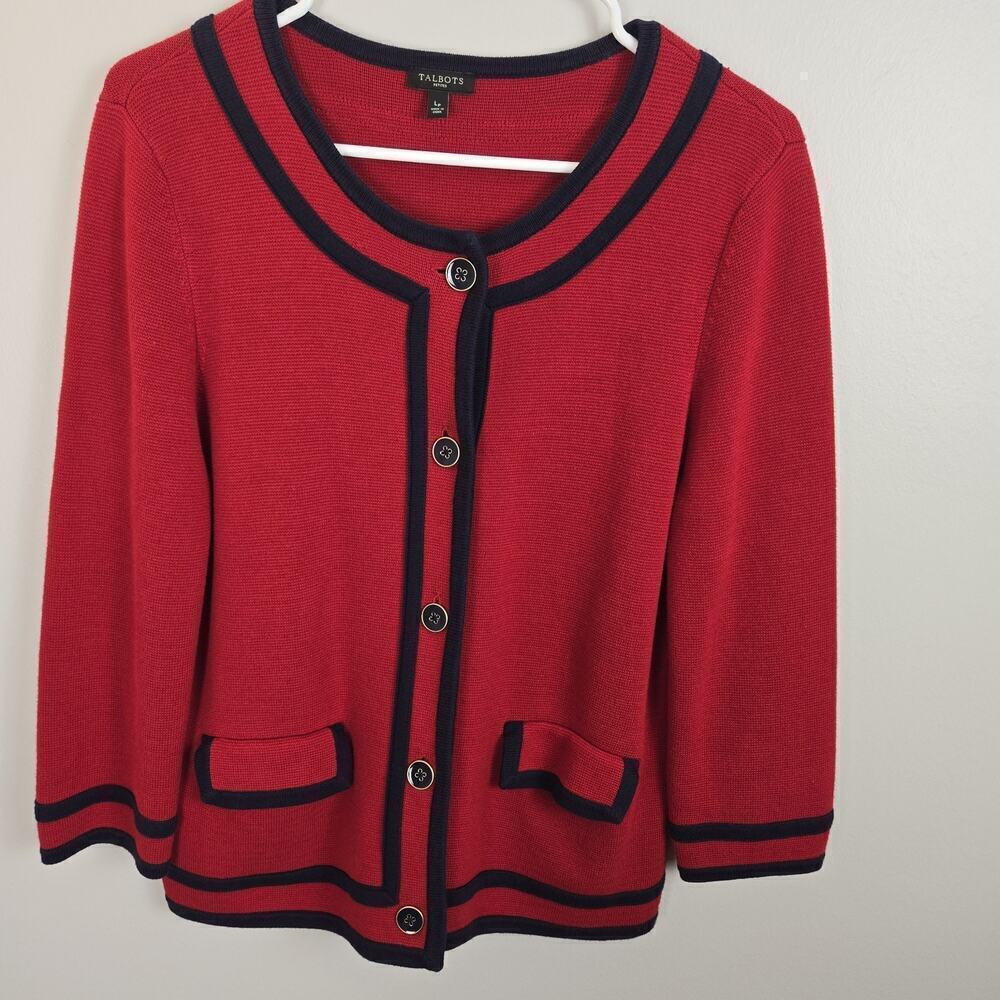 Talbots Red Knit Schoolgirl Preppy Navy Trim Fitted Cardigan Sweater Y2K L Pet